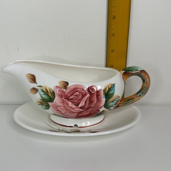 Lefton Americana Rose Pottery Ceramic Gravy Boat With Saucer Rose Floral Design - Picture 12 of 13